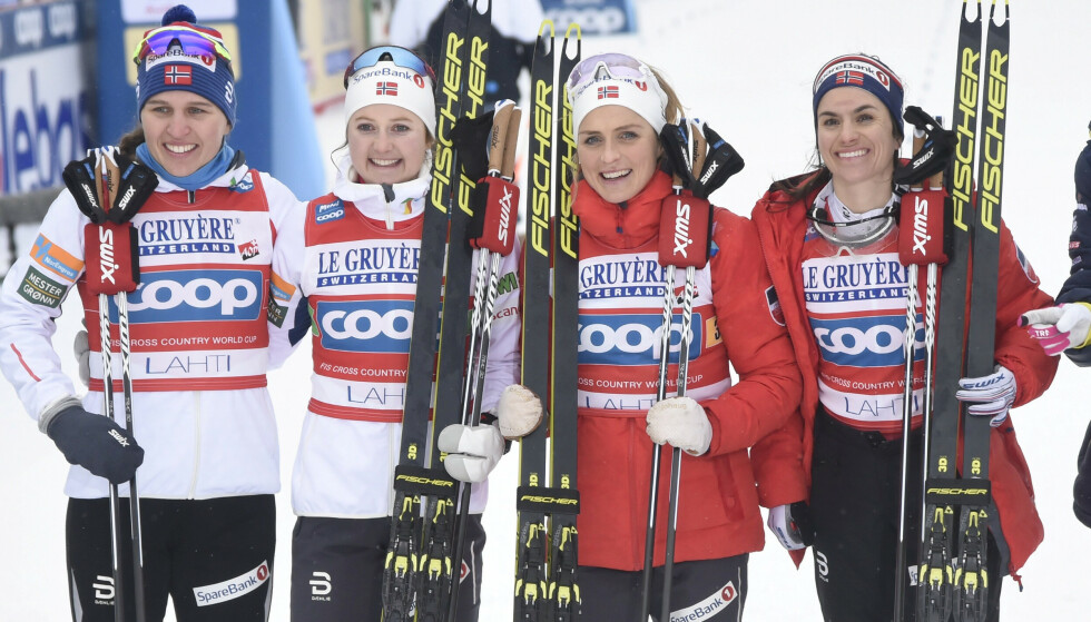 Cross-country Skiing - FIS Ski World Cup - Lahti Ski Games 2020 - Women's 4 x 5km - Lahti, Finland - March 1, 2020. Terrell Odens-Wing, Engfeld Flugstad Ostberg, Therese Juhaug and Heidi Wing from Norway.  Lehtikuva / Markku Ulander via Reuters Attention Editors - This image was provided by a third party.  No sales to third parties.  Not for use by Reuters' third party distributors.  Finland is out.  There are no commercial or editorial sales in Finland.