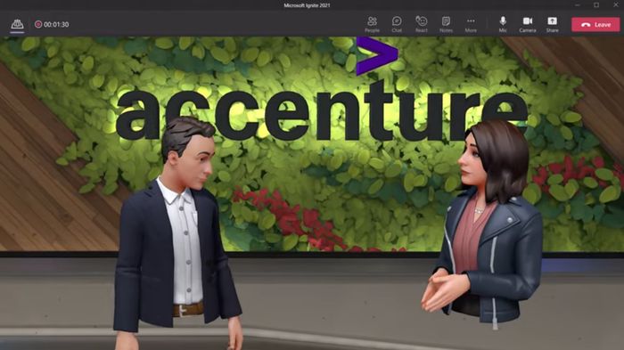 Jason Warnick and Elaine Schock, both from Accenture, meet on the company's virtual floor through Microsoft Teams.