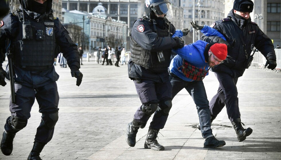 Protesters: Russian police arrested several people, including this man, during a demonstration in Moscow against the Ukraine war on March 13.  Photo: Agence France-Presse