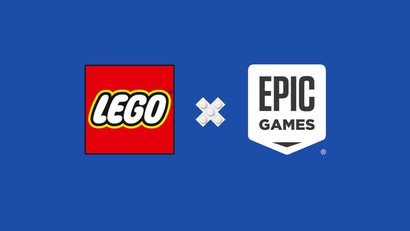 Lego and Epic Games logos on a blue background with an x ​​in between are built by LEGO.