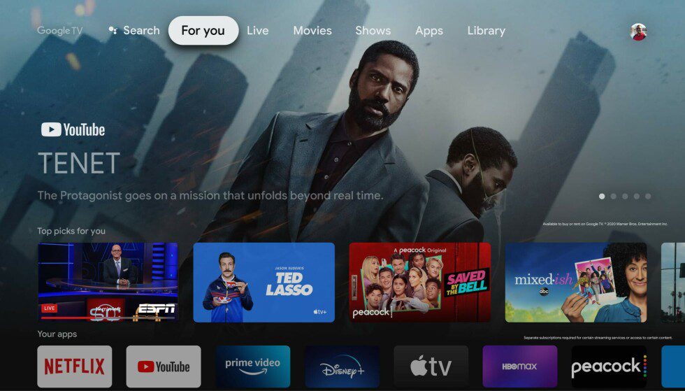 This is what the Google TV interface looks like on TV.  And yes, you see — there's an Apple TV app there, too.  Image: google