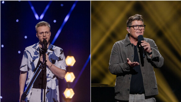 Outside: Øyvind Weiseth and Sebastian Christensen smoke before The Voice semi-finals.  Photo: Robert Dreyer Holland