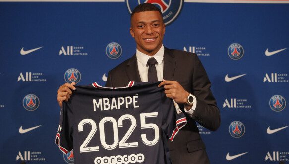 Happy: Kylian Mbappe smiles while announcing his new contract at Paris Saint-Germain, which runs until the summer of 2025. Photo: Michelle Spengler