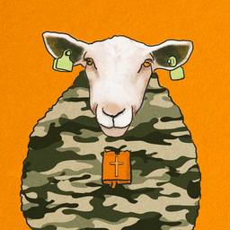 Sheep with earflaps, bell with wool in camouflage and cross pattern