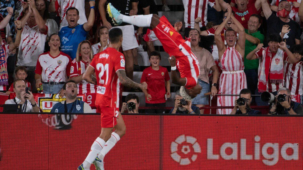 Real shock: Largy Ramazani celebrated in acrobatic style after sending Almeria into the lead.  Photo: JORGE GUERRERO