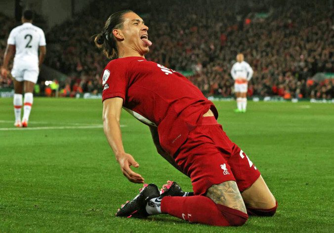 Trance: Darwin Nunez celebrated his first goal at Anfield this way.  Photo: Nigel Rhodes