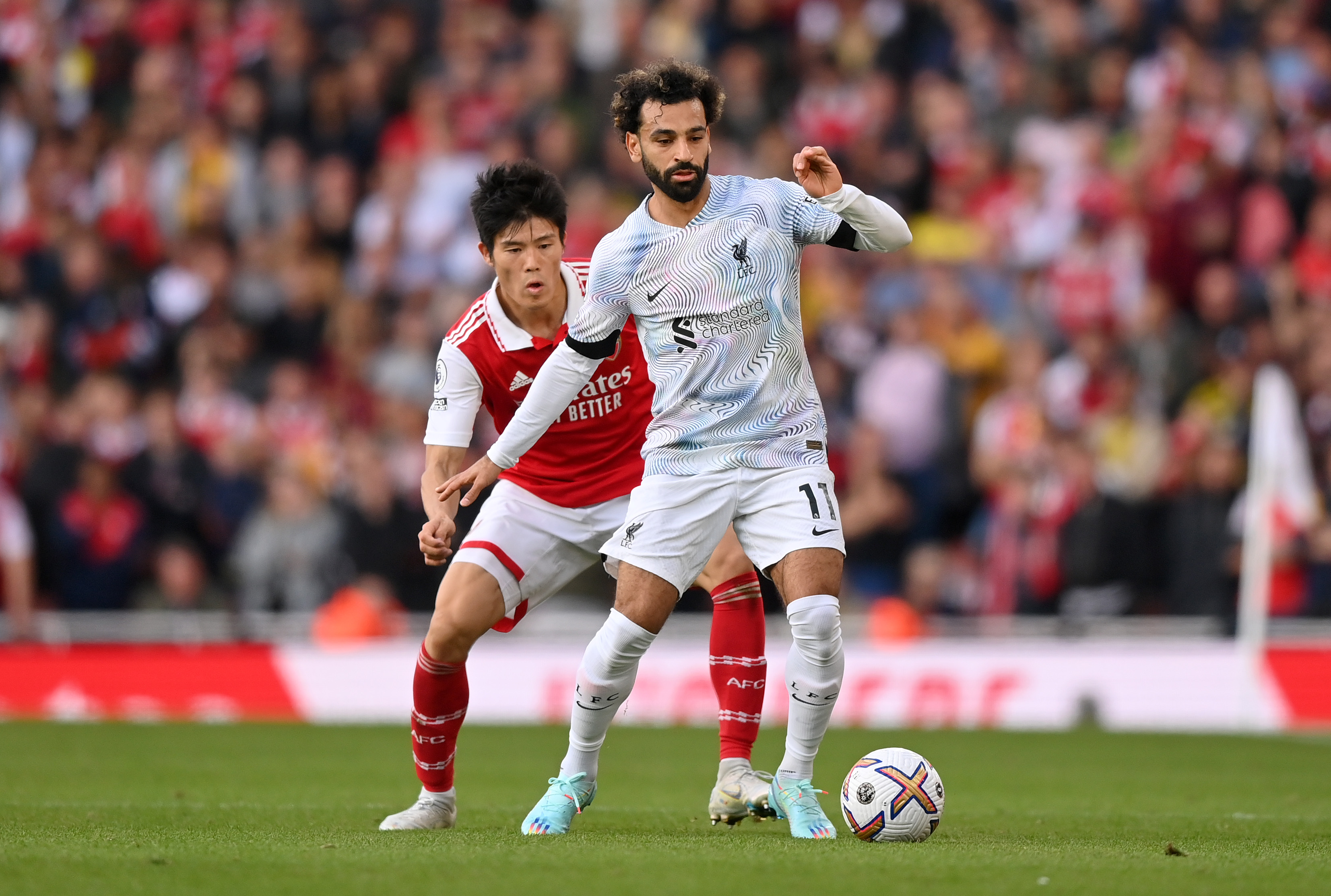 JAPAN WALL: Arsenal defender Taikiru Tomiyasu did well to dominate Mohamed Salah in London on Sunday.