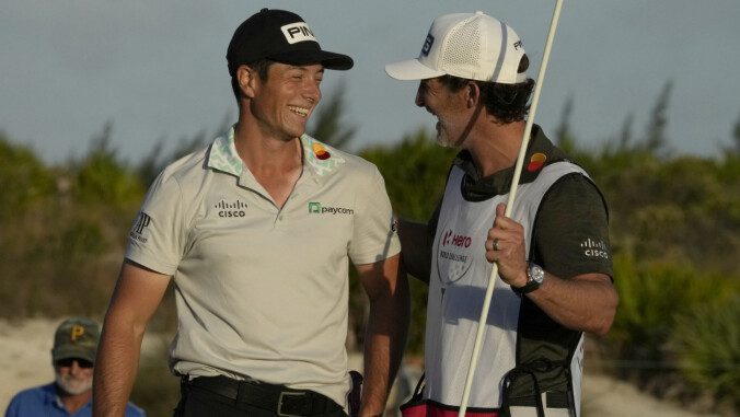 GRILL OF VICTORY: Victor Hovland was relieved after the victory.  Photo: Fernando Llano